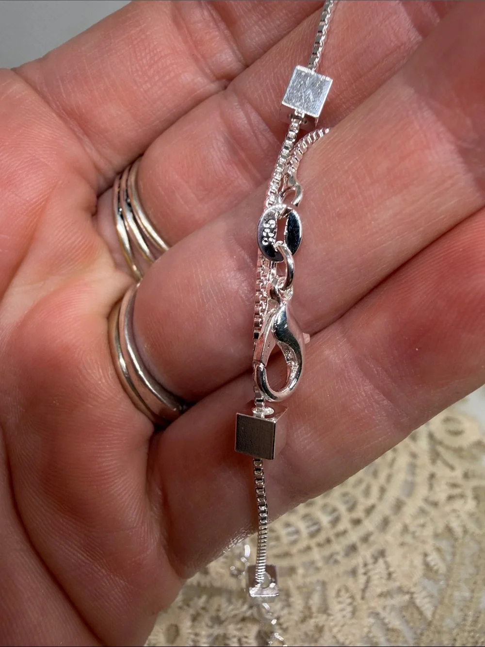 925 Sterling Silver Box Chain Bracelet with Three Geometric Cube Beads Clean